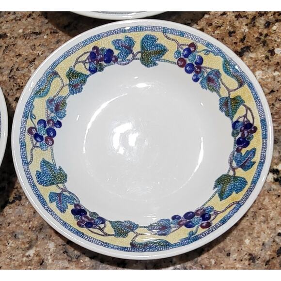 (4) Churchill Grape & Leaf Mosaic On Rim, Yellow Rim Coupe Soup Bowls - Picture 1 of 16